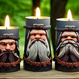 Jar candles designed with Dwarves with long beards pattern set against trees