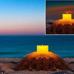Sasquatch Novelty candles set against a beach, one candle, high res, very high details, realistic, 8k, scenic, flat colors, blended, zoomed out