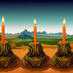 Cthulhu Beeswax candles with desert in the distance, one candle, high res, very high details, realistic, 8k, scenic, flat colors, blended, zoomed out