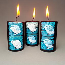 Taper candles with a Talking eagles design set against a beach