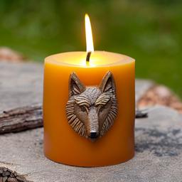 in the shape of Wolf Beeswax candle Outdoor patio or garden setting, 8k, high res