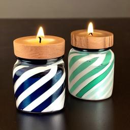 Striped Tie Jar candles with laminated wood in the distance