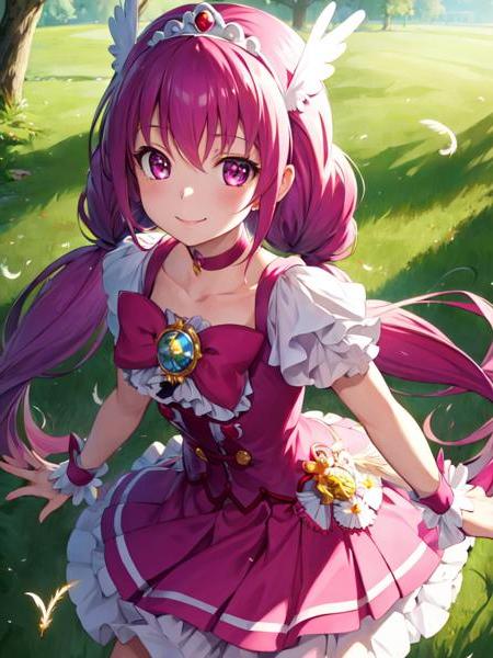 cure happy low twintails, feather hair ornament, skirt, tiara, wrist cuffs, pink shorts, shorts under skirt, boots