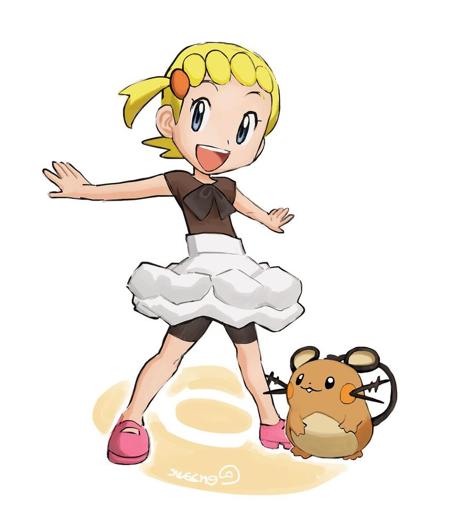 bonnie pokemon x y, blue eyes, blonde hair, short hair, side ponytail, brown shirt, white skirt, bike shorts, pink foot wear