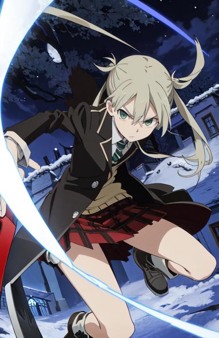 maka albarn, green eyes, blonde hair, medium hair,  twintails, school uniform, plaid red skirt, coat, long sleeves,striped necktie, white gloves, boots holding weapon, straight stick,weapon, scythe, moon, blue glowing